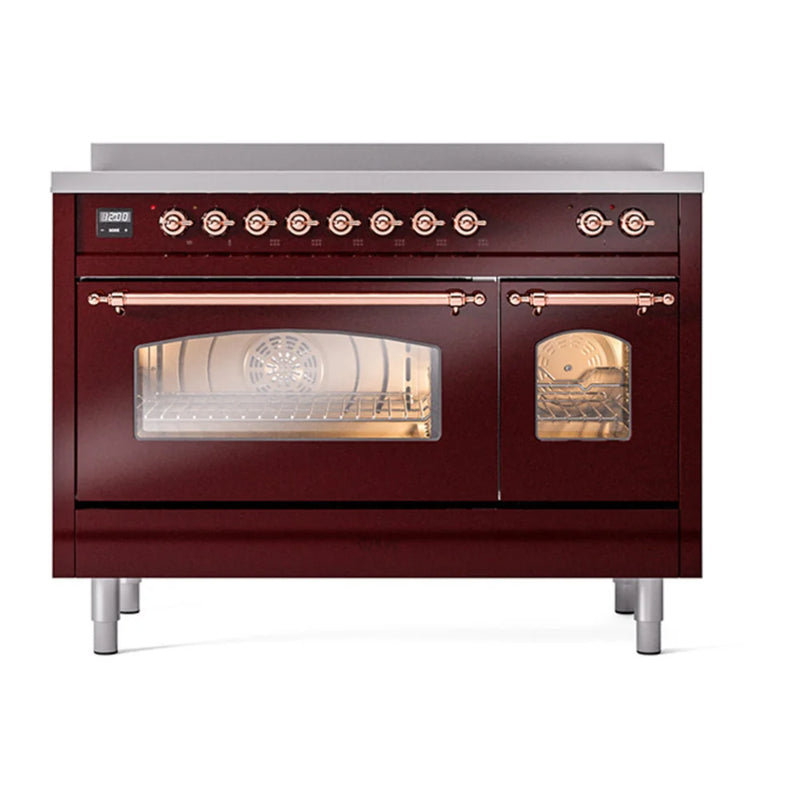 ILVE Nostalgie II 48" Induction Freestanding Range in Burgundy with Copper Trim, UPI486NMPBUP