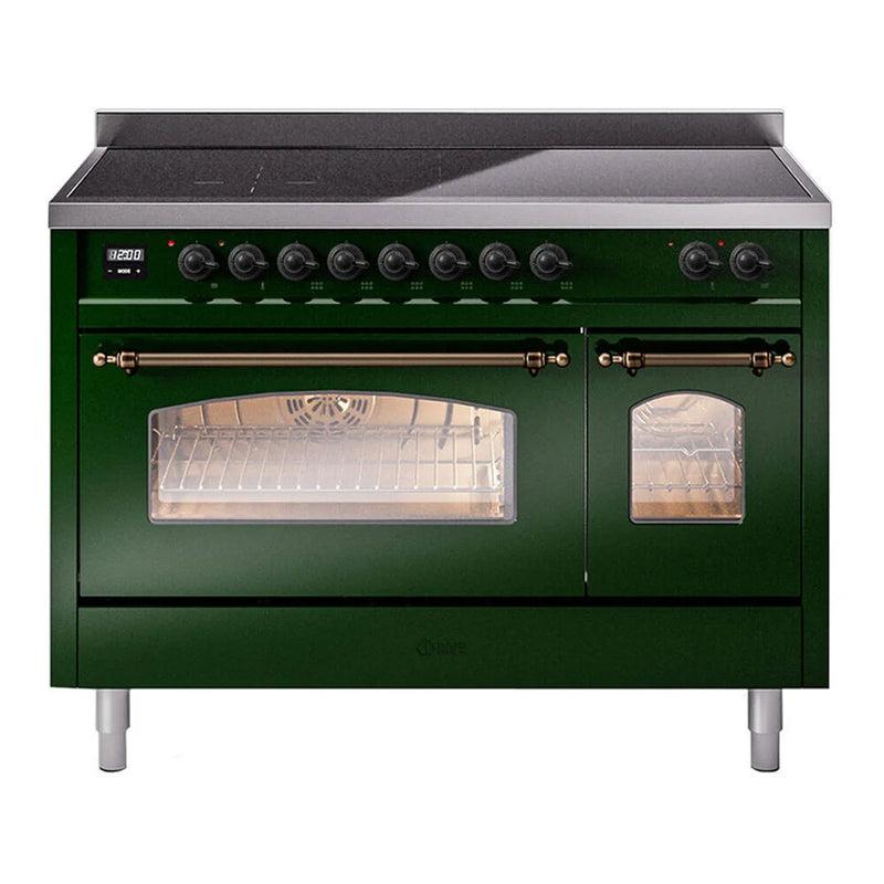 ILVE Nostalgie II 48" Induction Freestanding Range in Emerald Green with Burnished Trim, UPI486NMPEGB
