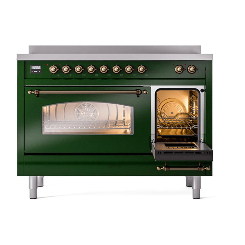 ILVE Nostalgie II 48" Induction Freestanding Range in Emerald Green with Burnished Trim, UPI486NMPEGB