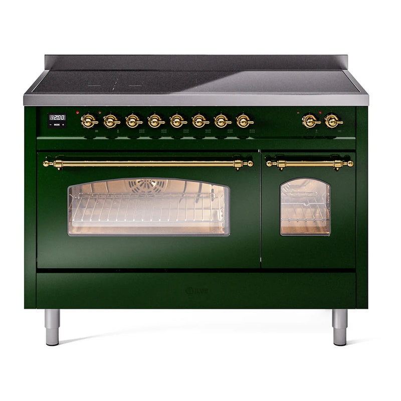 ILVE Nostalgie II 48" Induction Freestanding Range in Emerald Green with Brass Trim, UPI486NMPEGG