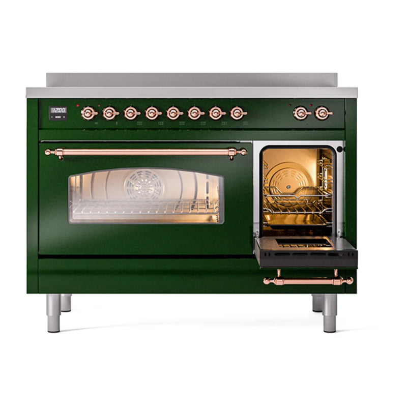 ILVE Nostalgie II 48" Induction Freestanding Range in Emerald Green with Copper Trim, UPI486NMPEGP