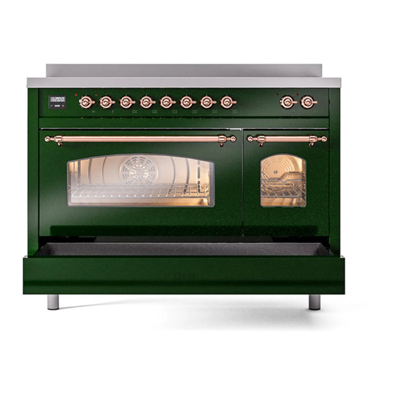 ILVE Nostalgie II 48" Induction Freestanding Range in Emerald Green with Copper Trim, UPI486NMPEGP