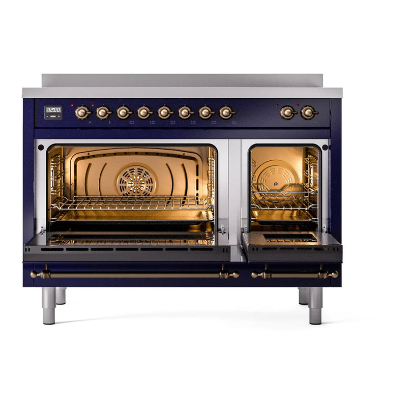 ILVE Nostalgie II 48" Induction Freestanding Range in Midnight Blue with Burnished Trim, UPI486NMPMBB