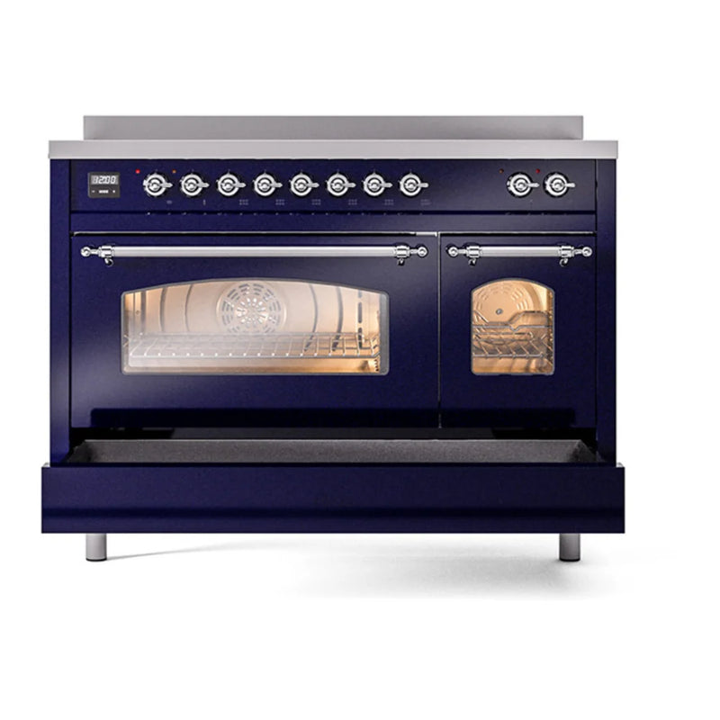 ILVE Nostalgie II 48" Induction Freestanding Range in Midnight Blue with Chrome Trim, UPI486NMPMBC