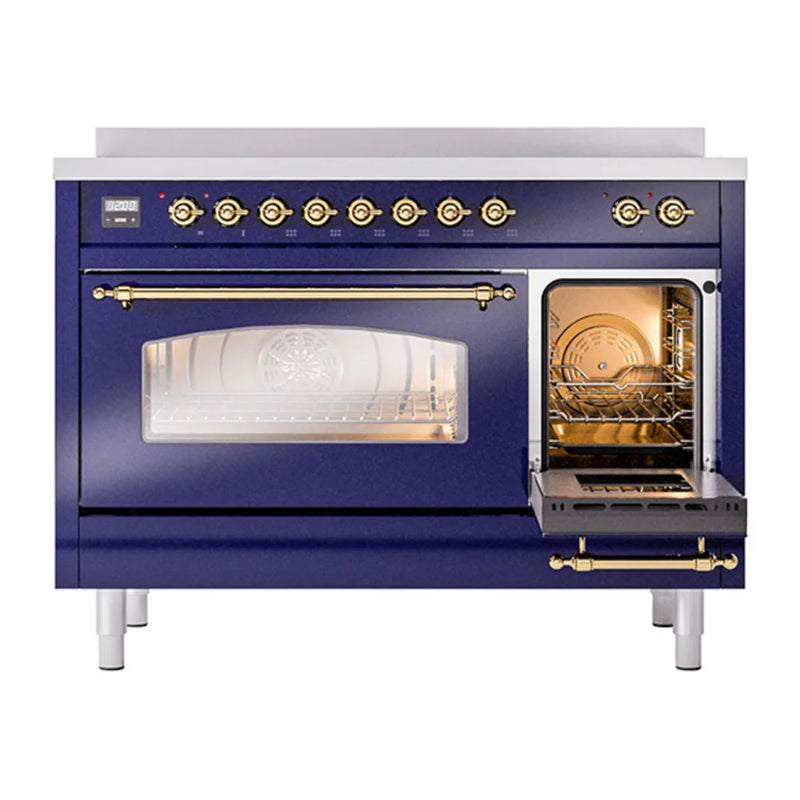 ILVE Nostalgie II 48" Induction Freestanding Range in Midnight Blue with Brass Trim, UPI486NMPMBG