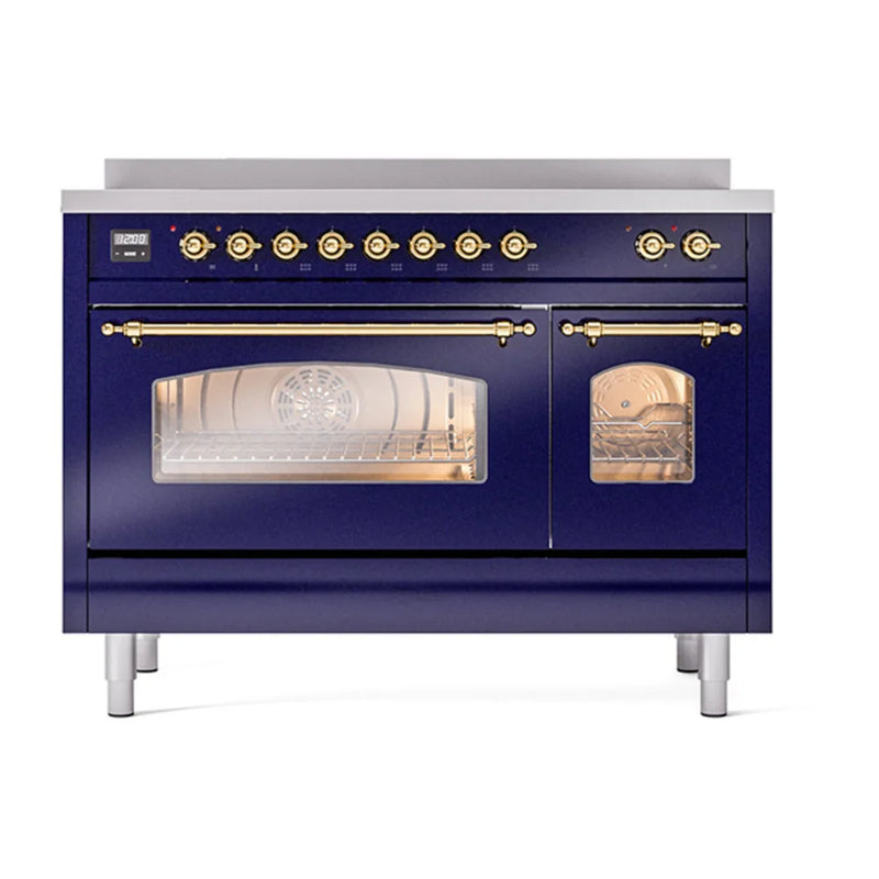ILVE Nostalgie II 48" Induction Freestanding Range in Midnight Blue with Brass Trim, UPI486NMPMBG