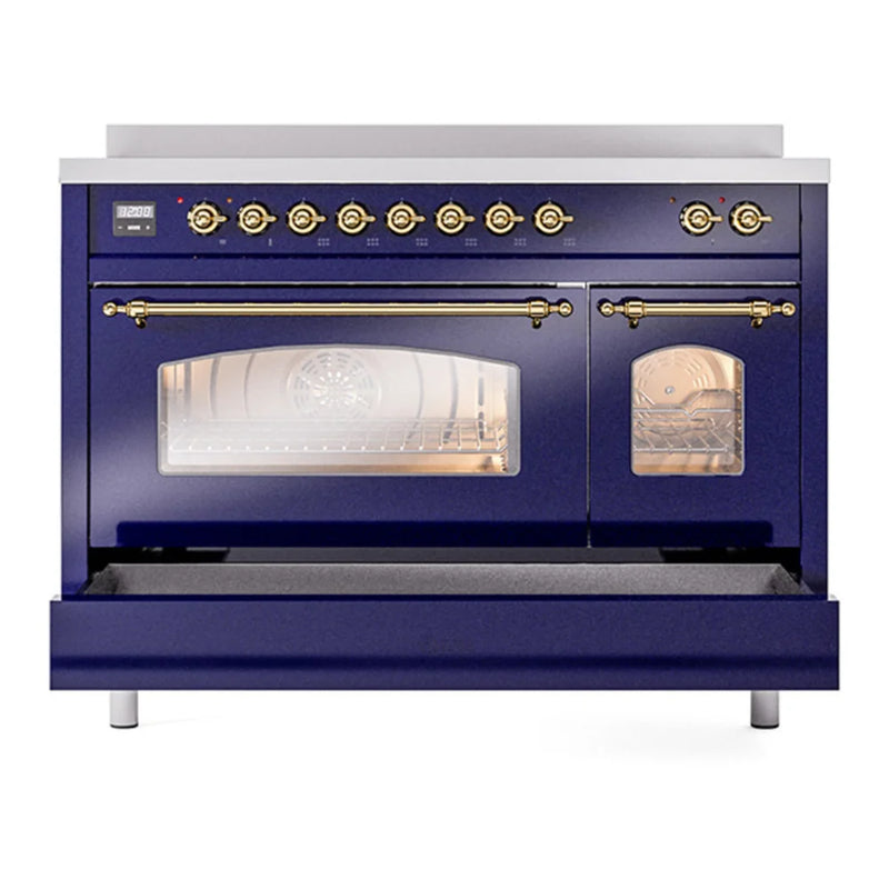 ILVE Nostalgie II 48" Induction Freestanding Range in Midnight Blue with Brass Trim, UPI486NMPMBG