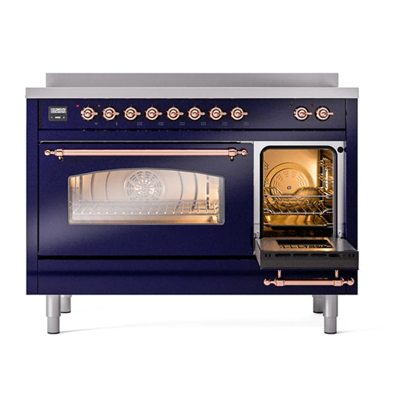 ILVE Nostalgie II 48" Induction Freestanding Range in Midnight Blue with Copper Trim, UPI486NMPMBP