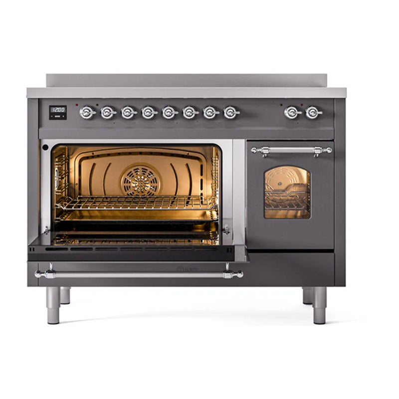 ILVE Nostalgie II 48" Induction Freestanding Range in Graphite Matte with Chrome Trim, UPI486NMPMGC