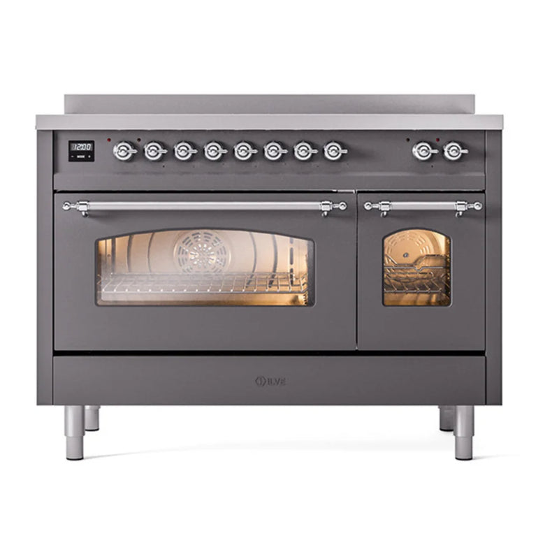 ILVE Nostalgie II 48" Induction Freestanding Range in Graphite Matte with Chrome Trim, UPI486NMPMGC