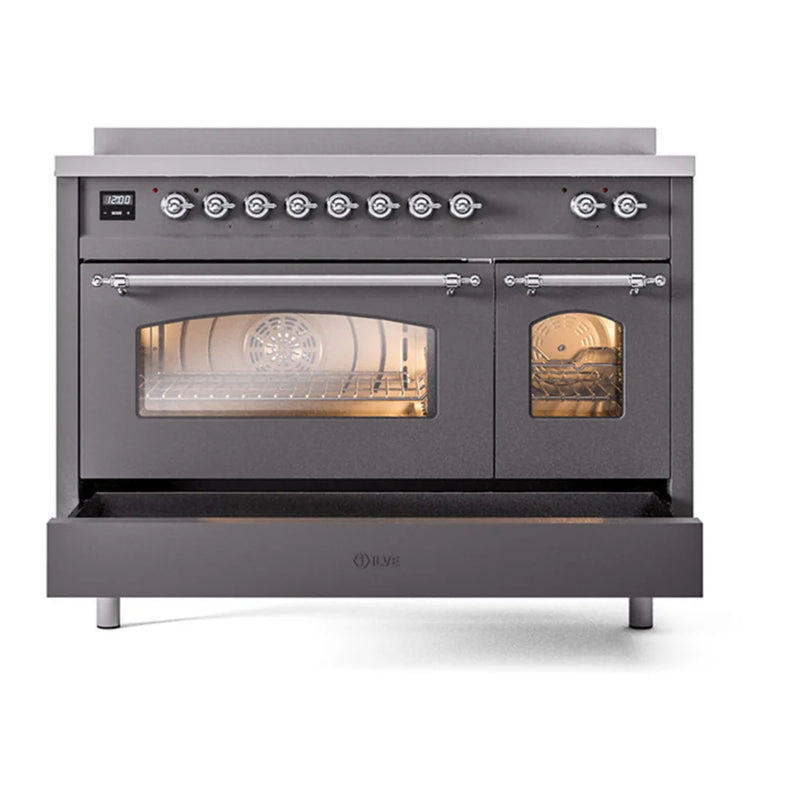 ILVE Nostalgie II 48" Induction Freestanding Range in Graphite Matte with Chrome Trim, UPI486NMPMGC