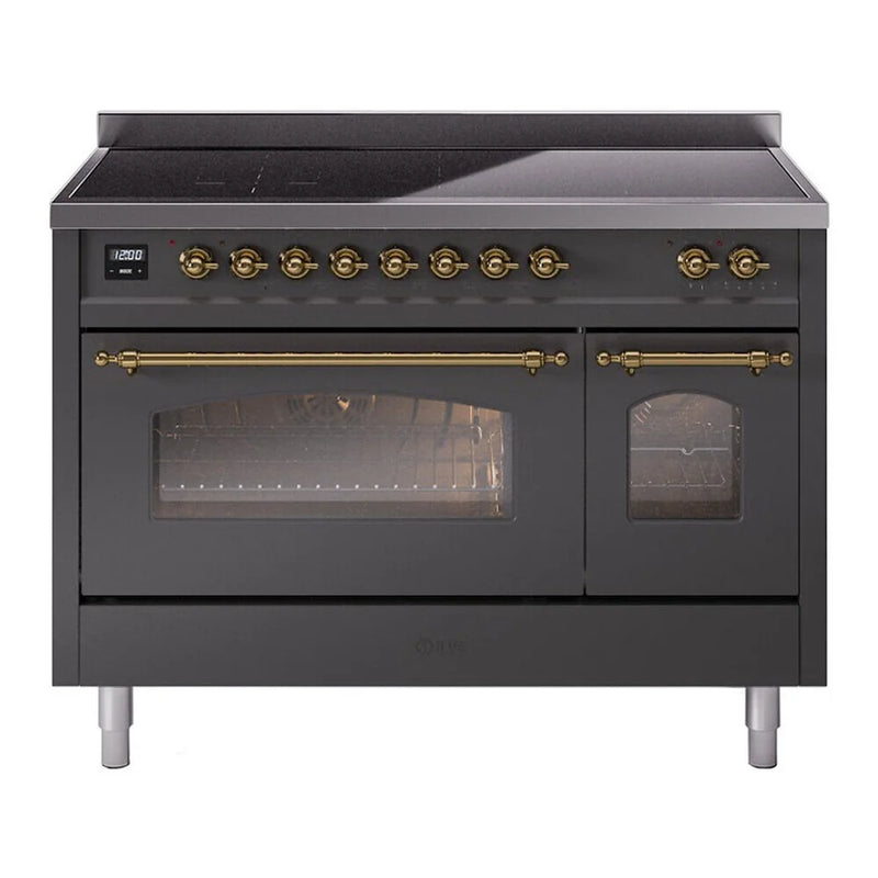ILVE Nostalgie II 48" Induction Freestanding Range in Graphite Matte with Brass Trim, UPI486NMPMGG