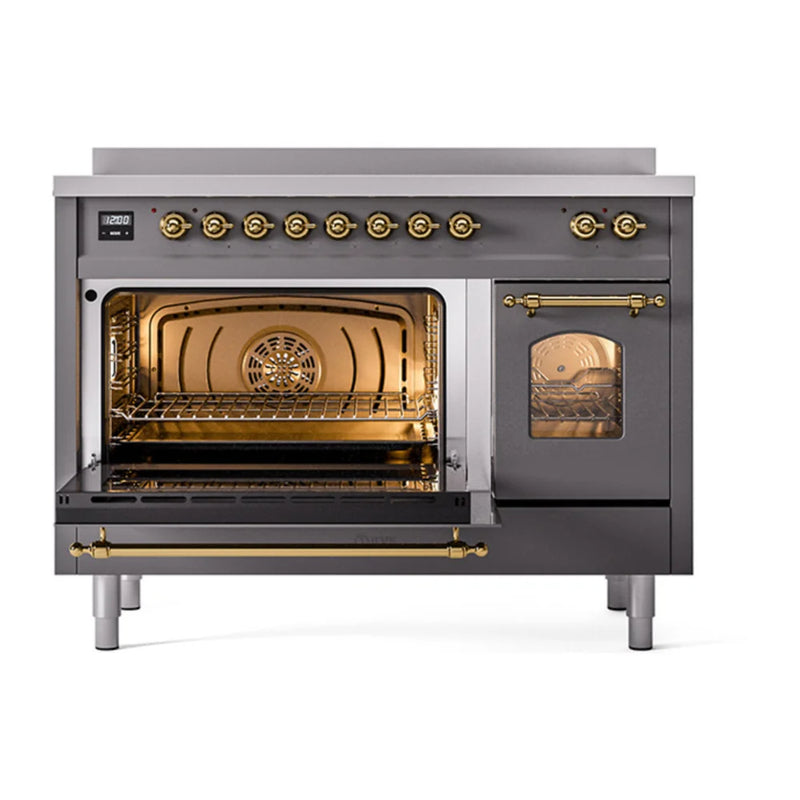 ILVE Nostalgie II 48" Induction Freestanding Range in Graphite Matte with Brass Trim, UPI486NMPMGG