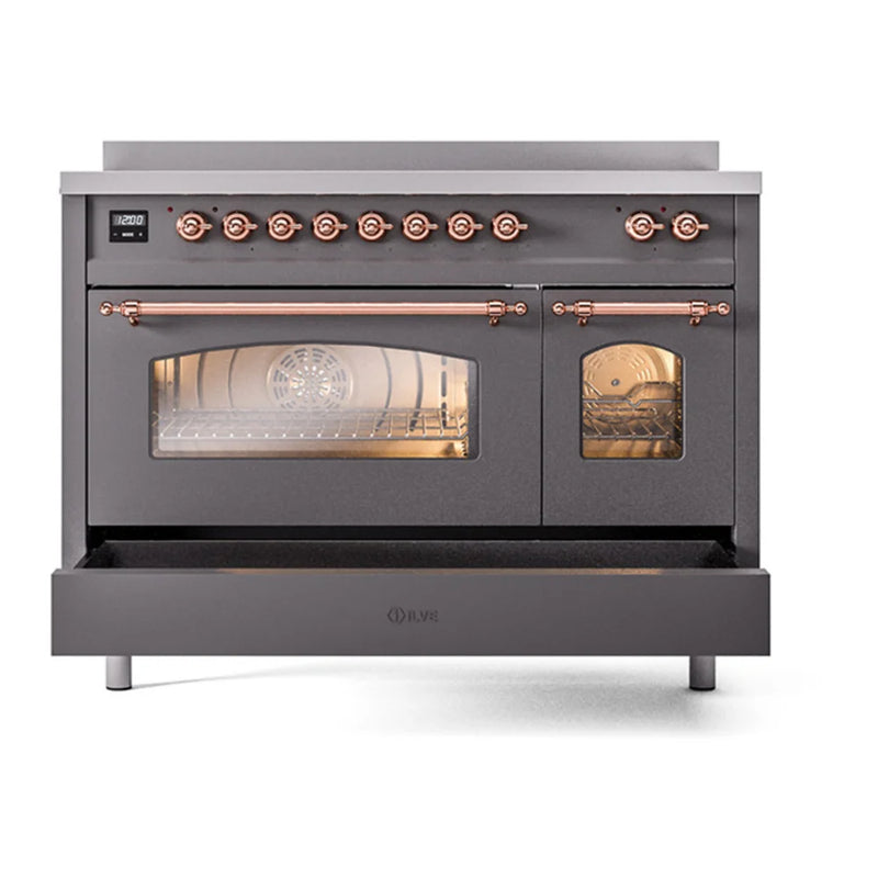 ILVE Nostalgie II 48" Induction Freestanding Range in Graphite Matte with Copper Trim, UPI486NMPMGP