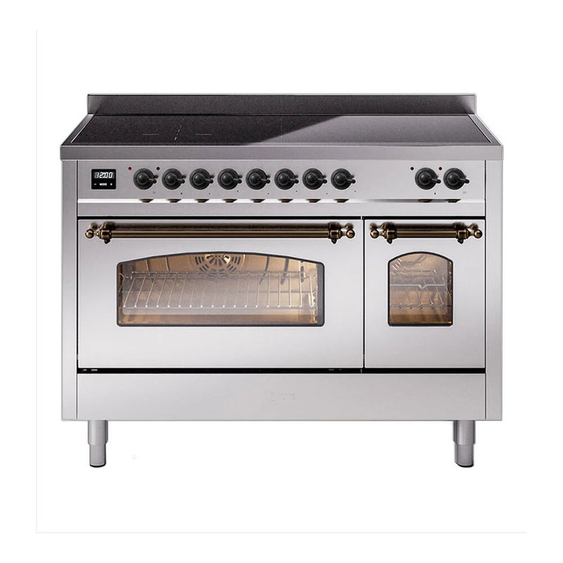 ILVE Nostalgie II 48" Induction Freestanding Range in Stainless Steel with Burnished Trim, UPI486NMPSSB