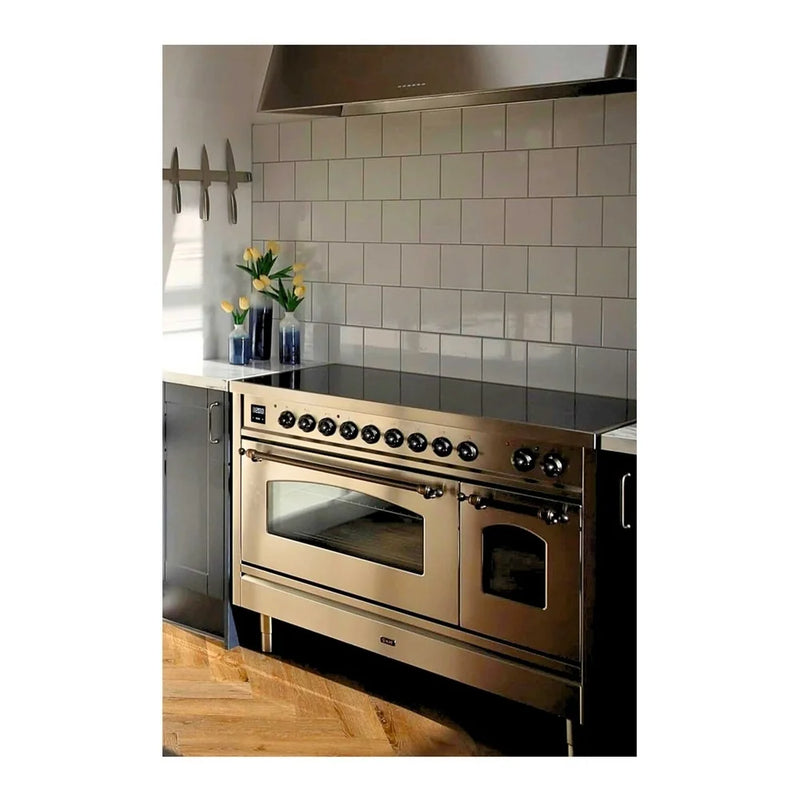 ILVE Nostalgie II 48" Induction Freestanding Range in Stainless Steel with Burnished Trim, UPI486NMPSSB