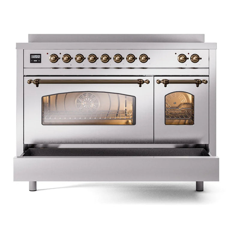 ILVE Nostalgie II 48" Induction Freestanding Range in Stainless Steel with Burnished Trim, UPI486NMPSSB