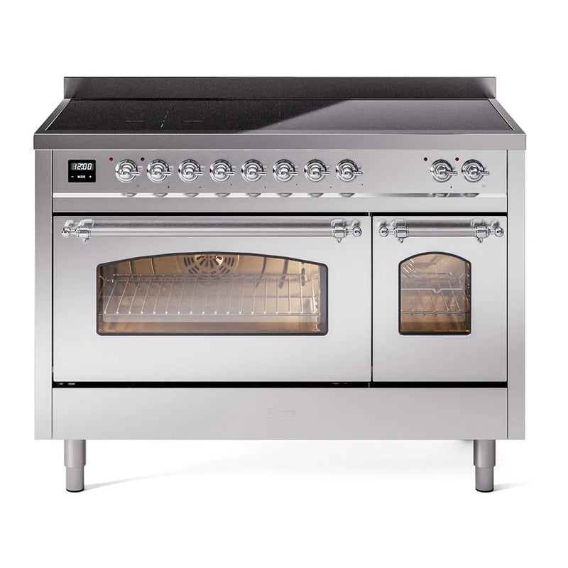 ILVE Nostalgie II 48" Induction Freestanding Range in Stainless Steel with Chrome Trim, UPI486NMPSSC