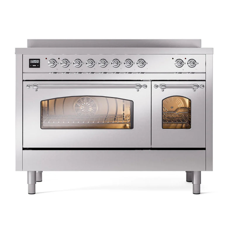 ILVE Nostalgie II 48" Induction Freestanding Range in Stainless Steel with Chrome Trim, UPI486NMPSSC