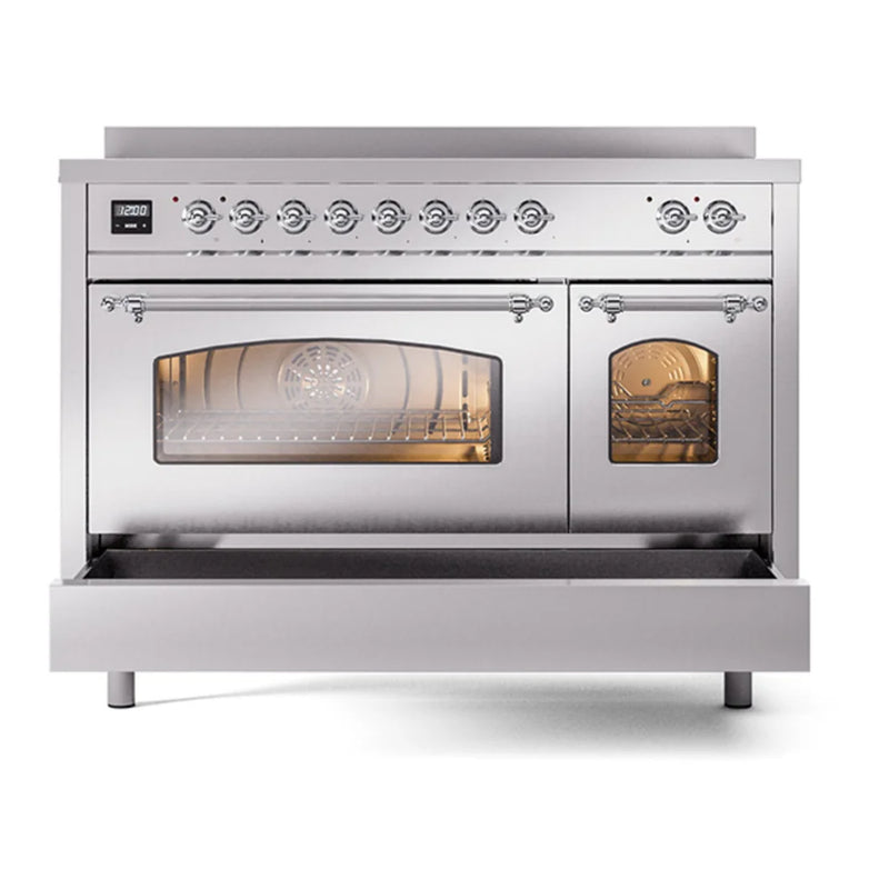ILVE Nostalgie II 48" Induction Freestanding Range in Stainless Steel with Chrome Trim, UPI486NMPSSC