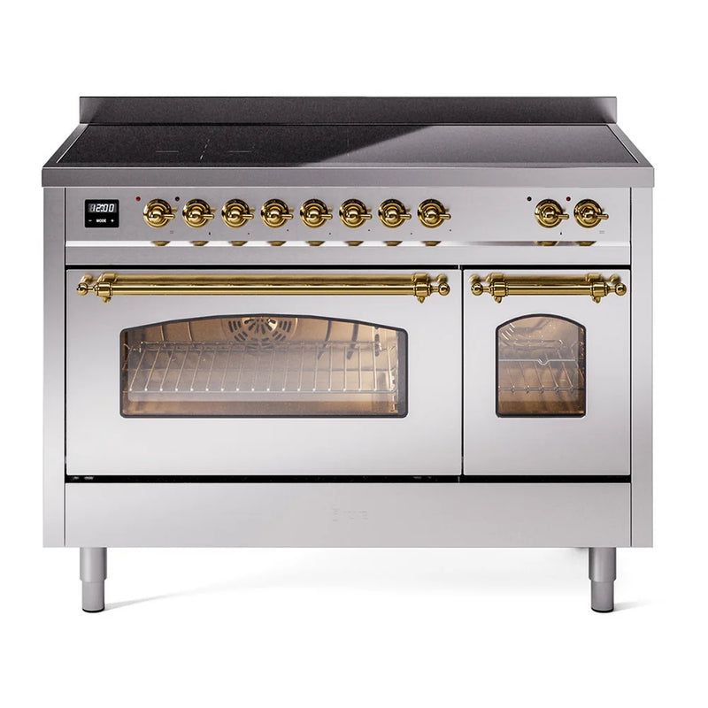 ILVE Nostalgie II 48" Induction Freestanding Range in Stainless Steel with Brass Trim, UPI486NMPSSG