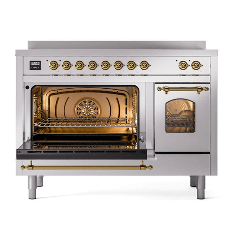 ILVE Nostalgie II 48" Induction Freestanding Range in Stainless Steel with Brass Trim, UPI486NMPSSG