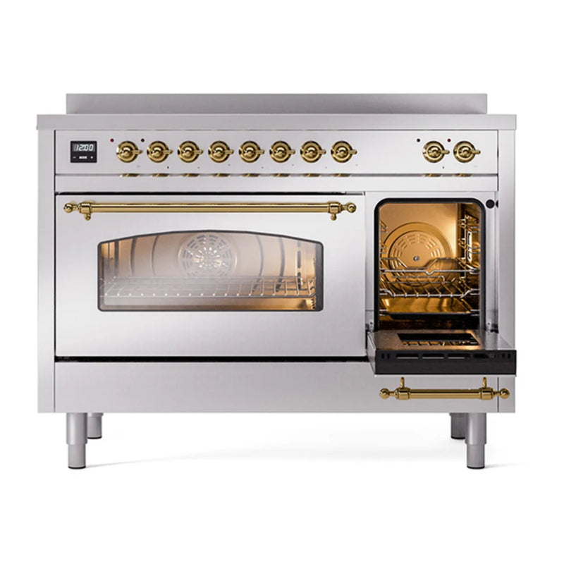 ILVE Nostalgie II 48" Induction Freestanding Range in Stainless Steel with Brass Trim, UPI486NMPSSG