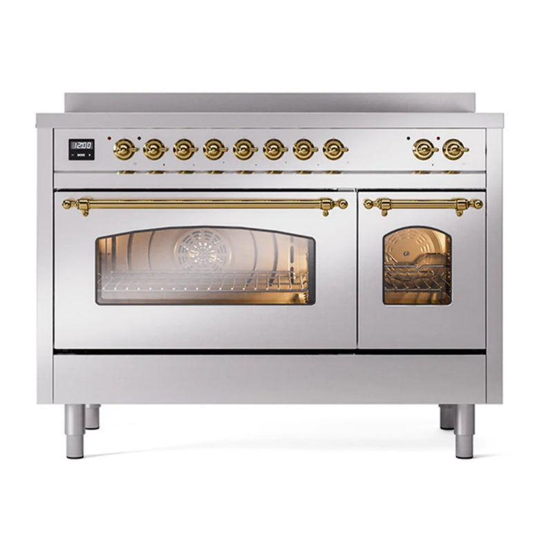 ILVE Nostalgie II 48" Induction Freestanding Range in Stainless Steel with Brass Trim, UPI486NMPSSG