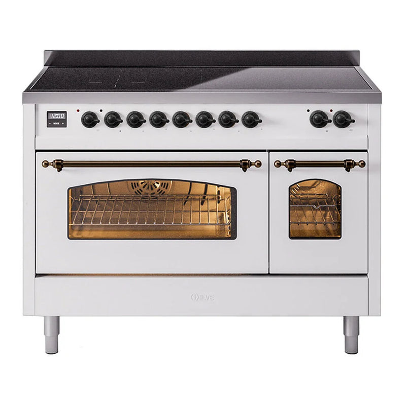 ILVE Nostalgie II 48" Induction Freestanding Range in White with Burnished Trim, UPI486NMPWHB