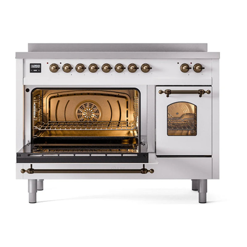 ILVE Nostalgie II 48" Induction Freestanding Range in White with Burnished Trim, UPI486NMPWHB