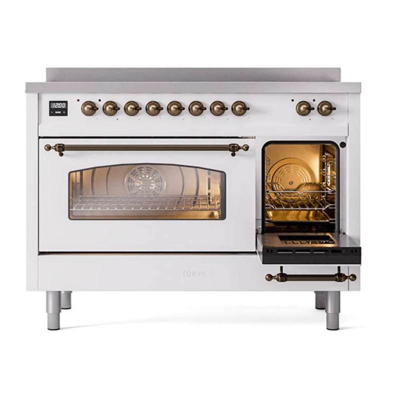 ILVE Nostalgie II 48" Induction Freestanding Range in White with Burnished Trim, UPI486NMPWHB