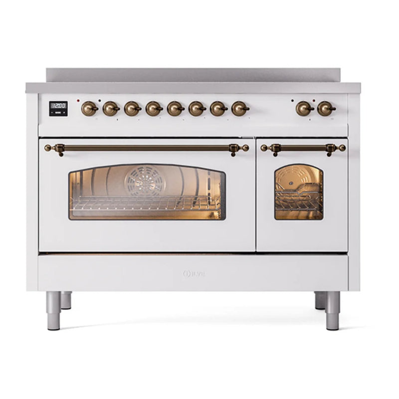 ILVE Nostalgie II 48" Induction Freestanding Range in White with Burnished Trim, UPI486NMPWHB