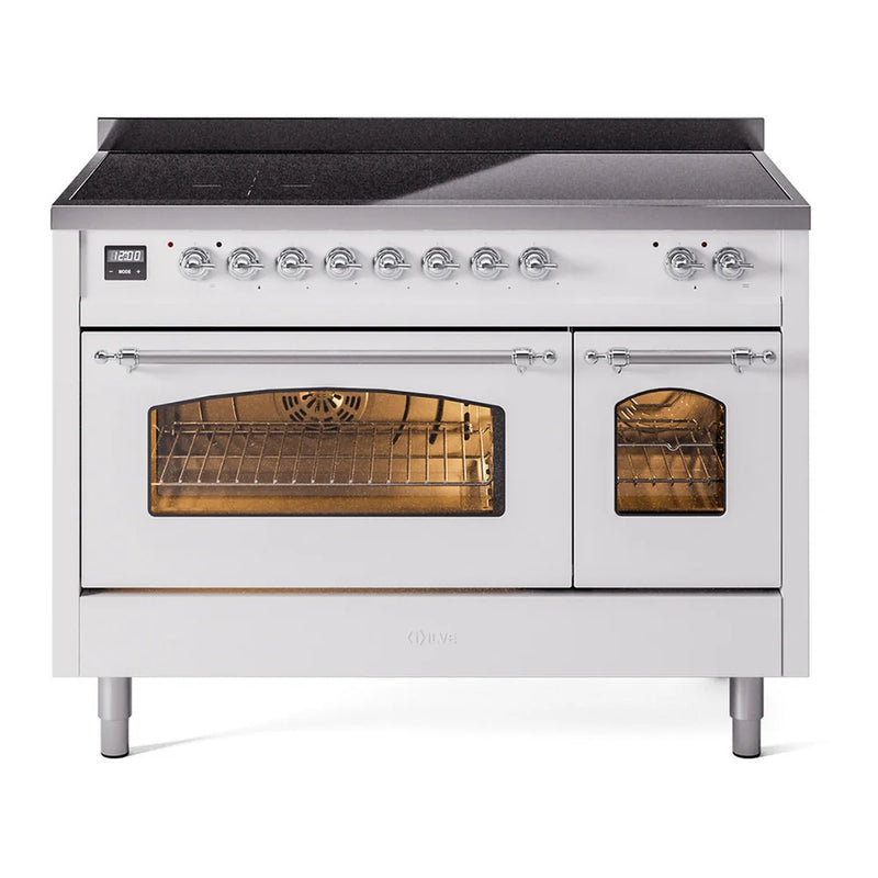 ILVE Nostalgie II 48" Induction Freestanding Range in White with Chrome Trim, UPI486NMPWHC