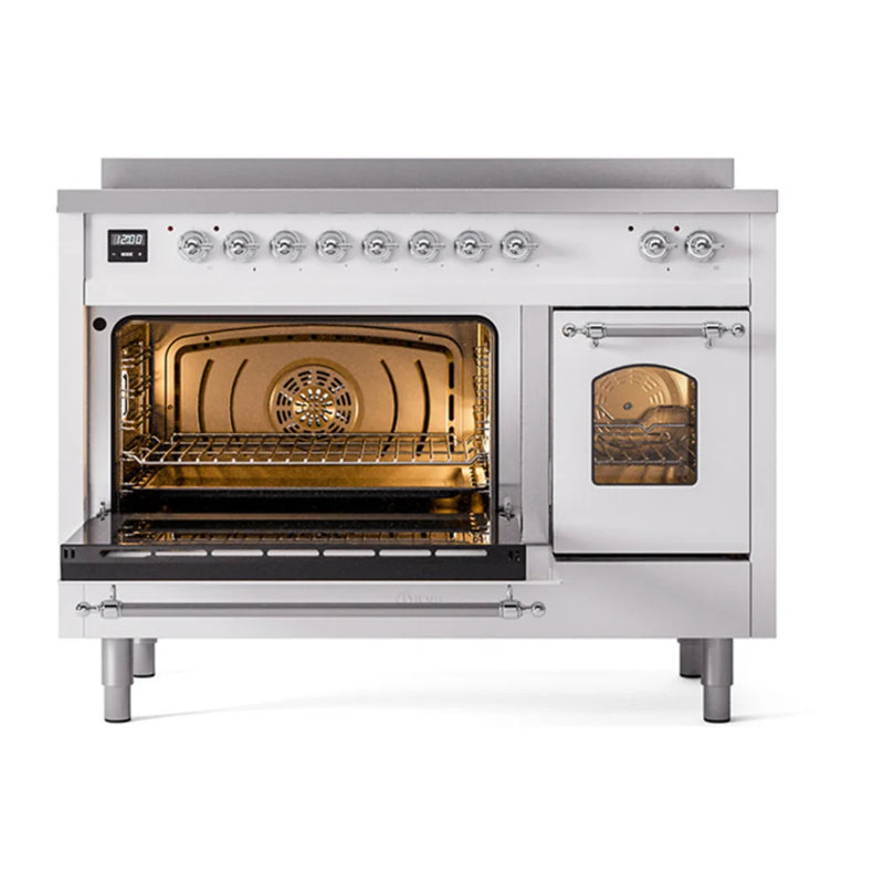 ILVE Nostalgie II 48" Induction Freestanding Range in White with Chrome Trim, UPI486NMPWHC