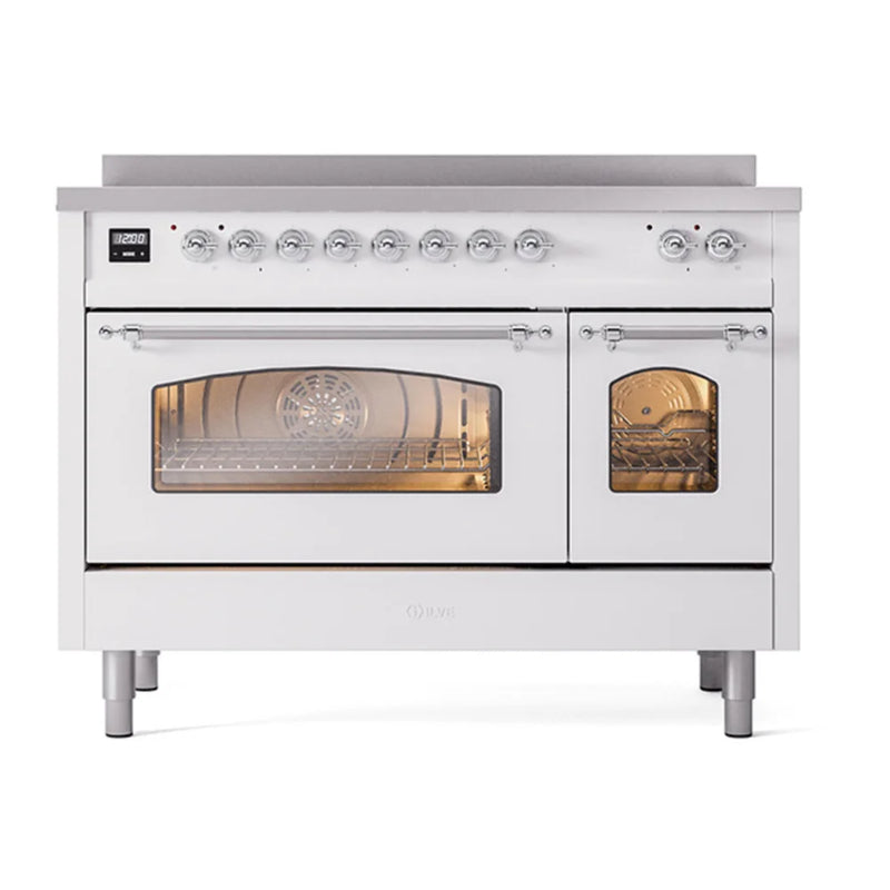 ILVE Nostalgie II 48" Induction Freestanding Range in White with Chrome Trim, UPI486NMPWHC