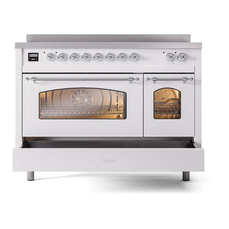 ILVE Nostalgie II 48" Induction Freestanding Range in White with Chrome Trim, UPI486NMPWHC