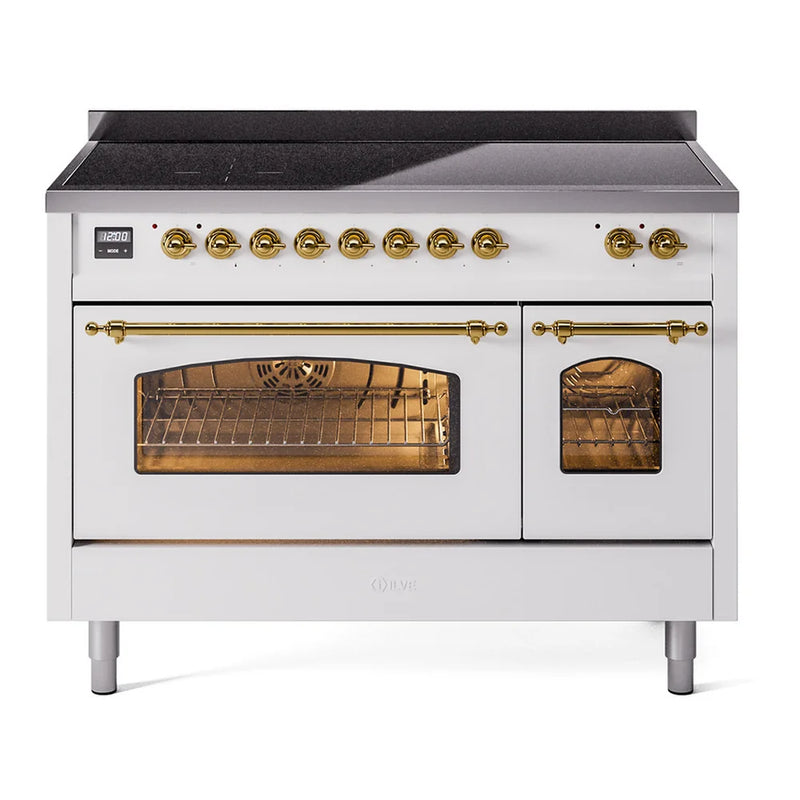 ILVE Nostalgie II 48" Induction Freestanding Range in White with Brass Trim, UPI486NMPWHG