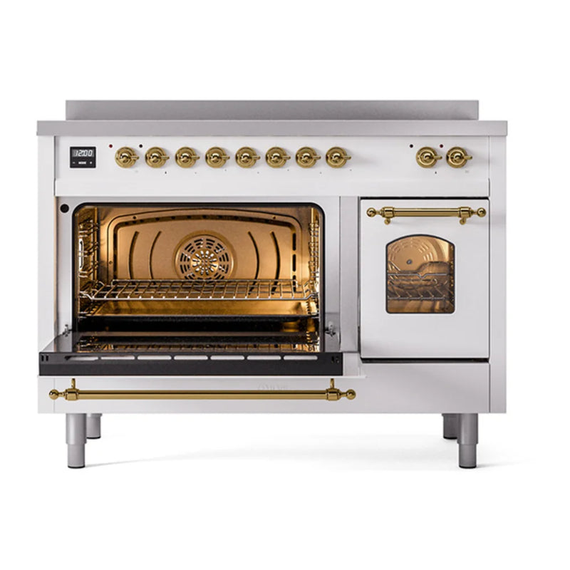 ILVE Nostalgie II 48" Induction Freestanding Range in White with Brass Trim, UPI486NMPWHG