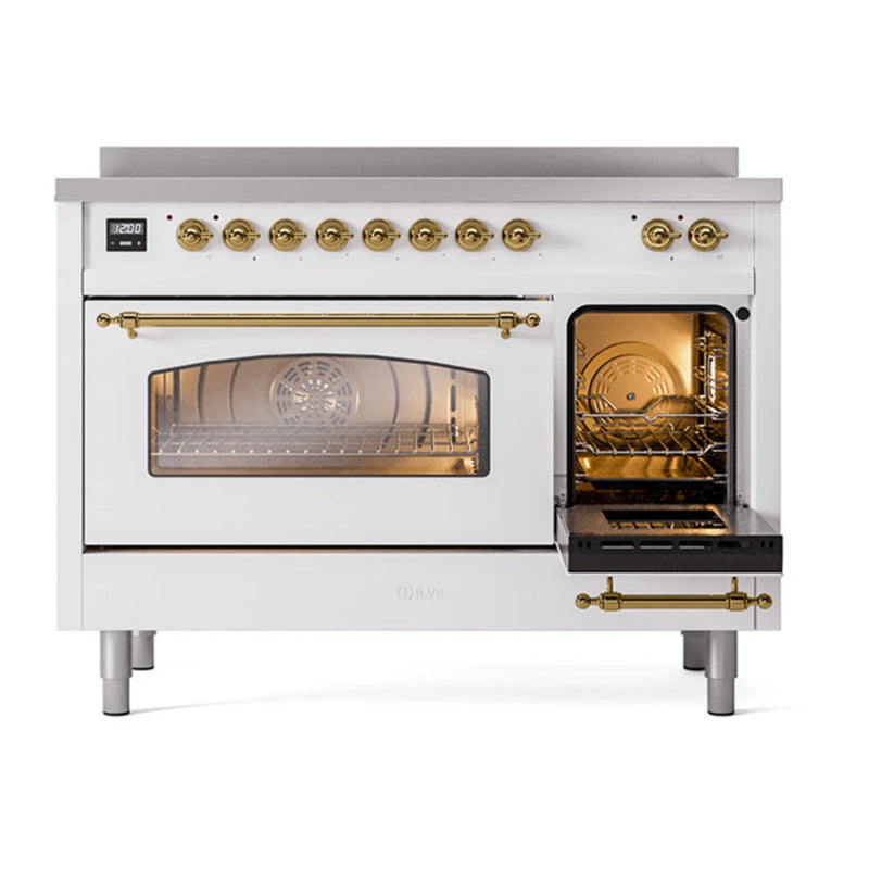 ILVE Nostalgie II 48" Induction Freestanding Range in White with Brass Trim, UPI486NMPWHG