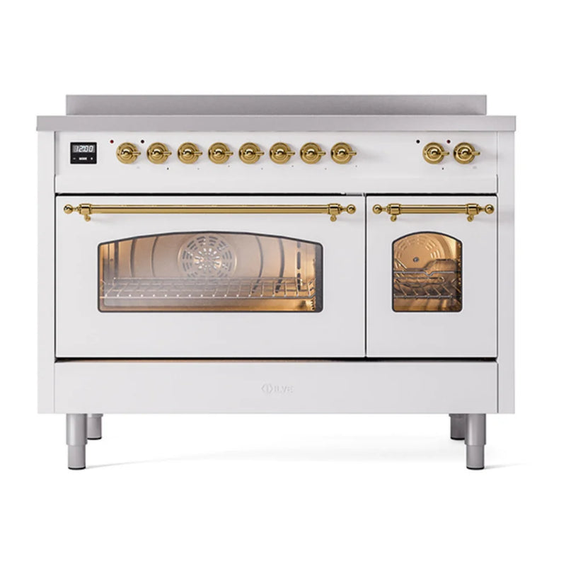 ILVE Nostalgie II 48" Induction Freestanding Range in White with Brass Trim, UPI486NMPWHG