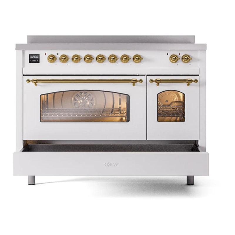 ILVE Nostalgie II 48" Induction Freestanding Range in White with Brass Trim, UPI486NMPWHG