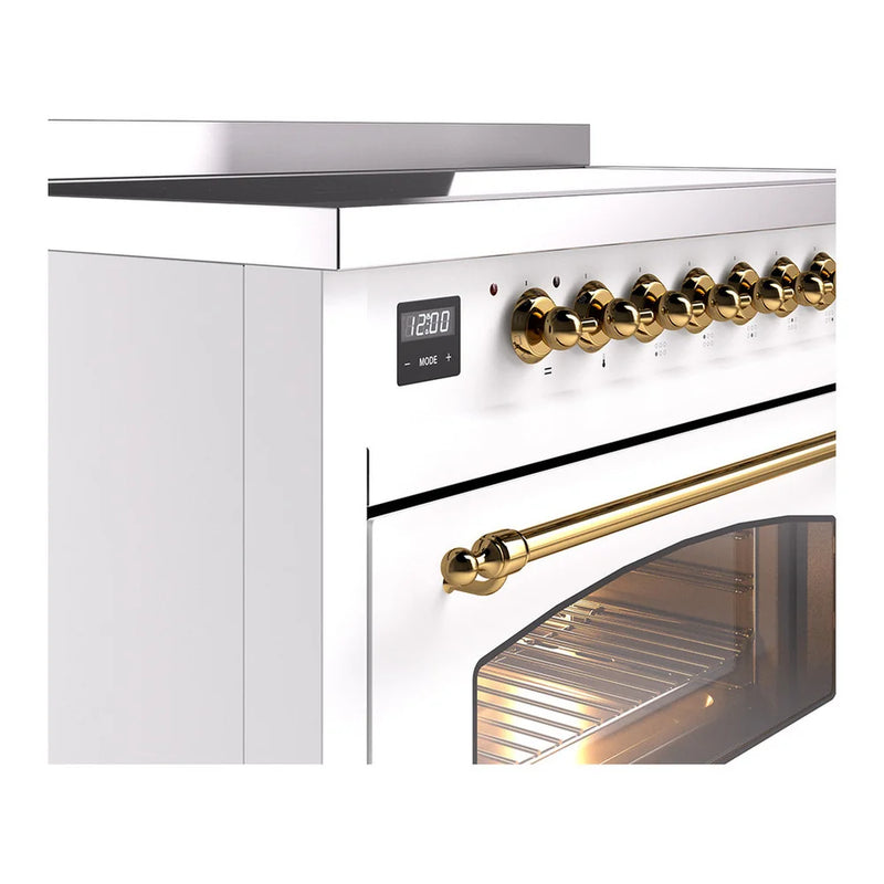 ILVE Nostalgie II 48" Induction Freestanding Range in White with Brass Trim, UPI486NMPWHG
