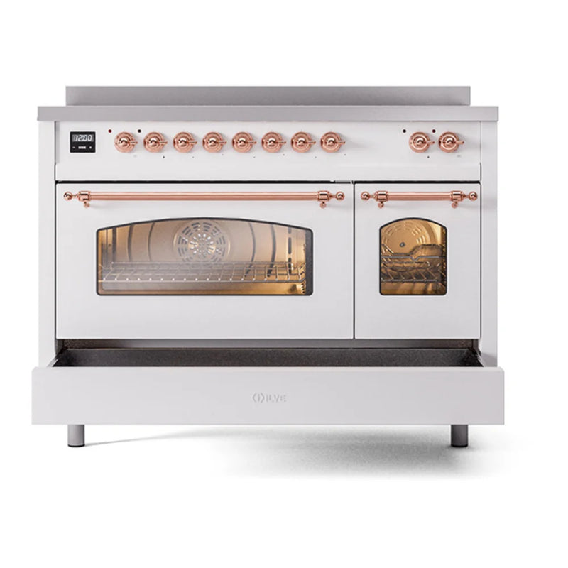 ILVE Nostalgie II 48" Induction Freestanding Range in White with Copper Trim, UPI486NMPWHP