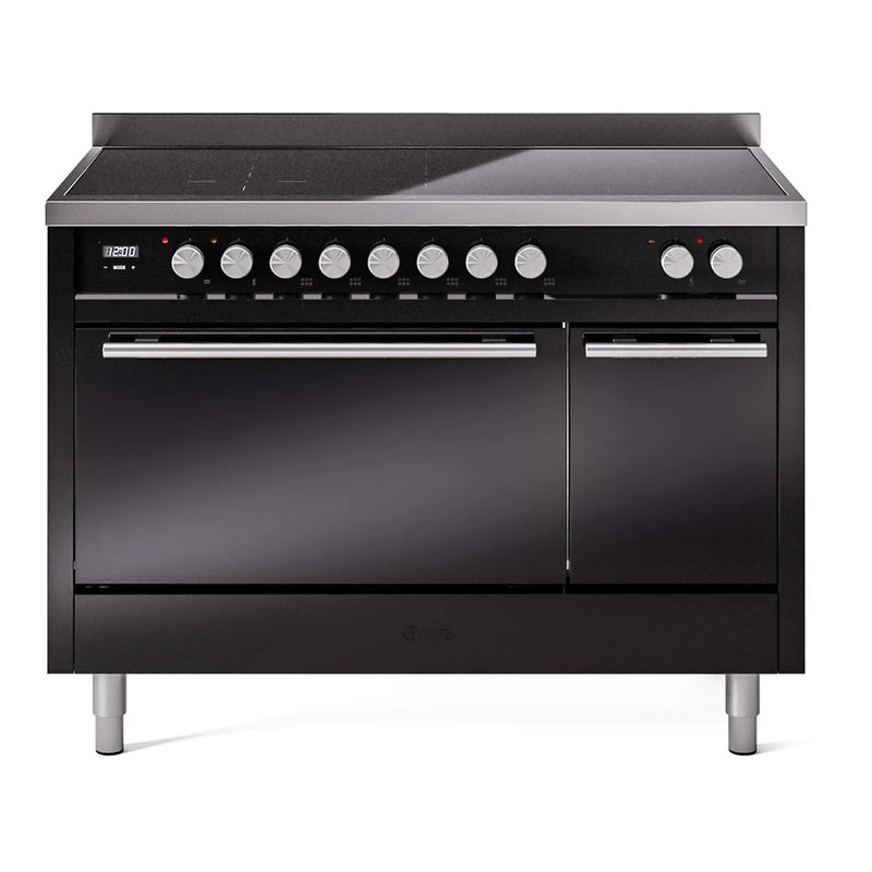 ILVE Professional Plus II 48" Induction Freestanding Range in Glossy Black with Stainless Steel Trim, UPI486QMPBK