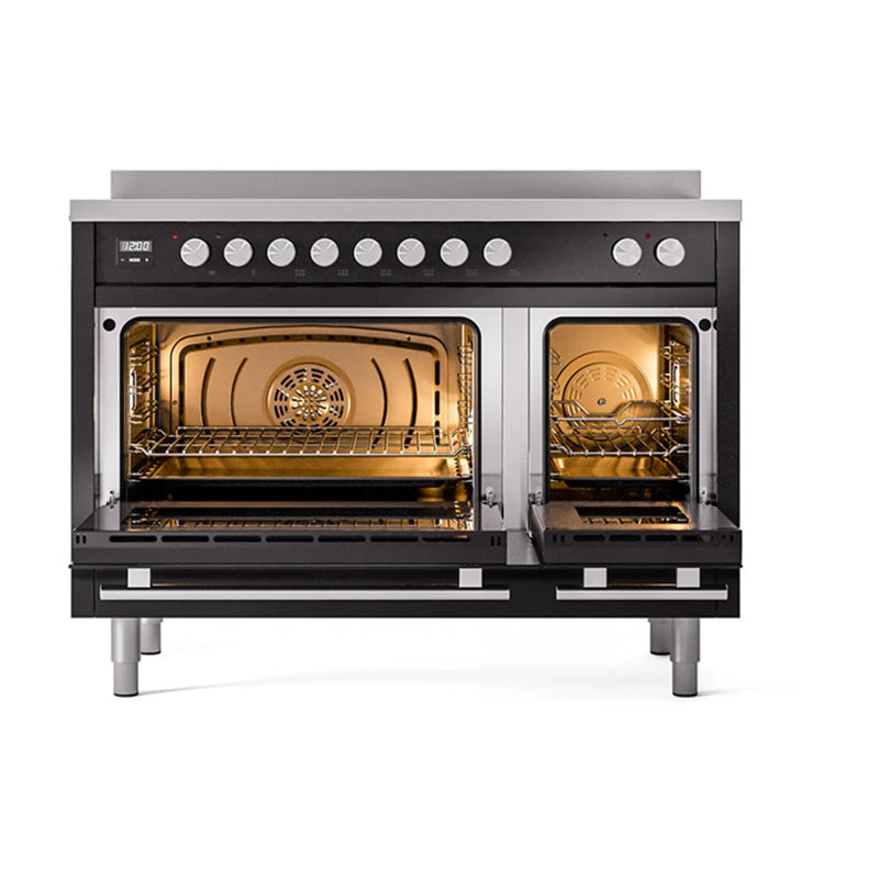 ILVE Professional Plus II 48" Induction Freestanding Range in Glossy Black with Stainless Steel Trim, UPI486QMPBK