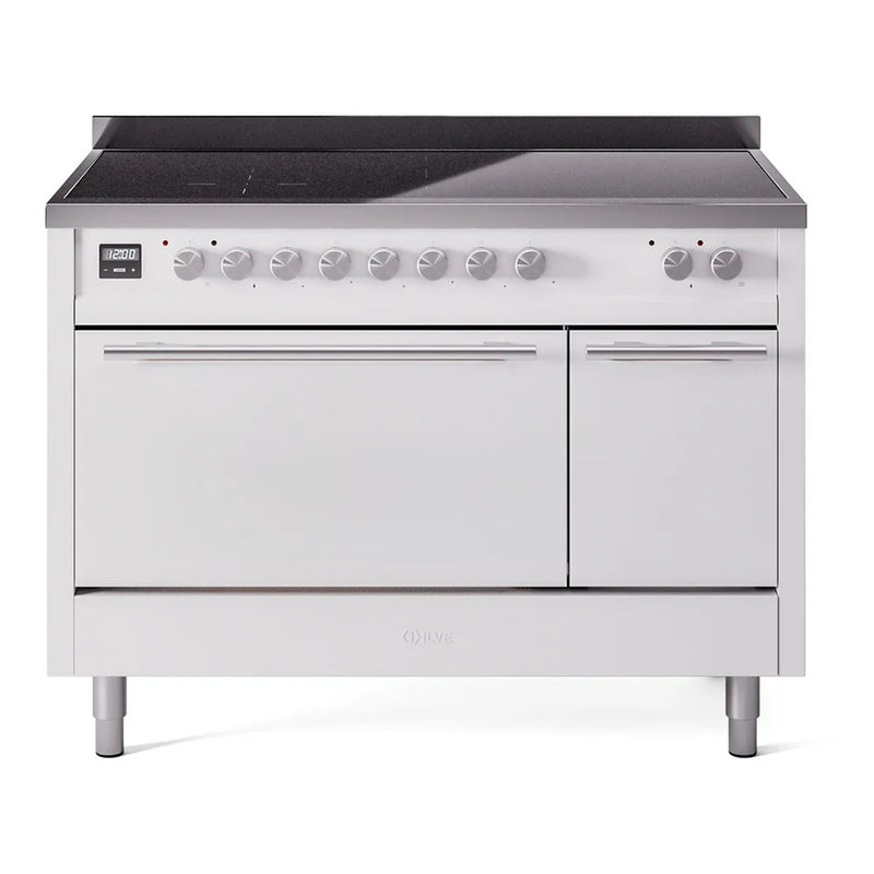 ILVE Professional Plus II 48" Induction Freestanding Range in White with Stainless Steel Trim, UPI486QMPWH
