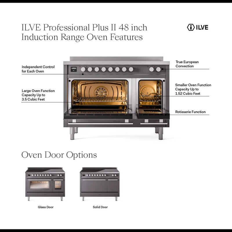 ILVE Professional Plus II 48" Induction Freestanding Range in White with Stainless Steel Trim, UPI486QMPWH
