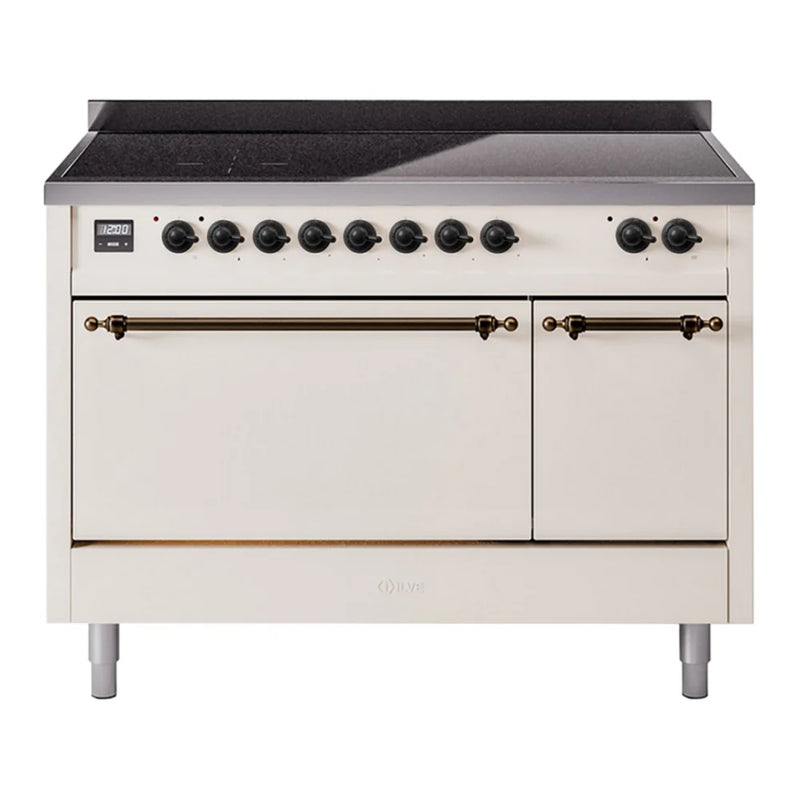 ILVE Nostalgie II 48" Induction Freestanding Range in Antique White with Burnished Trim, UPI486QNMPAWB