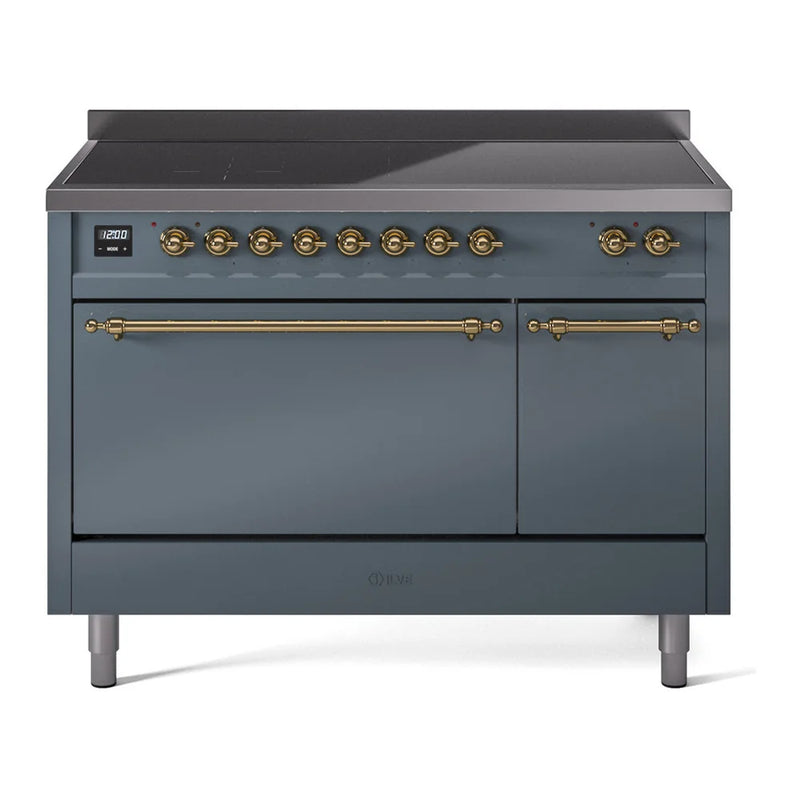 ILVE Nostalgie II 48" Induction Freestanding Range in Blue Grey with Brass Trim, UPI486QNMPBGG
