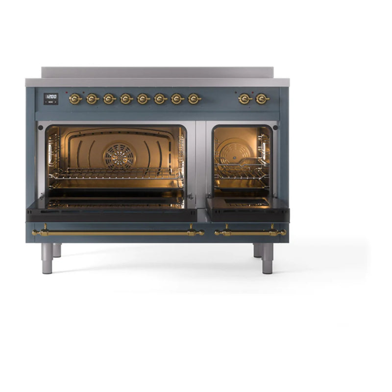 ILVE Nostalgie II 48" Induction Freestanding Range in Blue Grey with Brass Trim, UPI486QNMPBGG